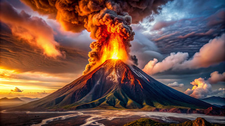 Volcano eruption with ash and smoke on the background of the volcanoの素材