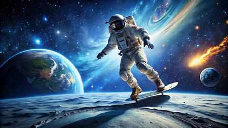 Astronaut on snowboard in space. Mixed media. Mixed mediaの素材