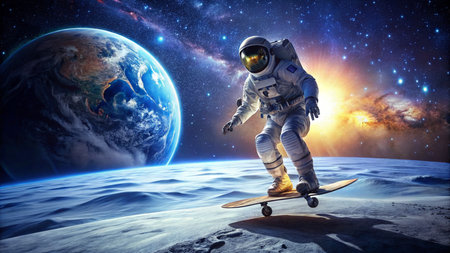 Astronaut riding skateboard on the planet. Elements of this image furnished by NASAの素材