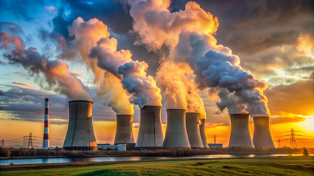Nuclear power plant Temelin in Czech Republic at sunset with cloudy skyの素材