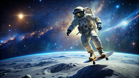 Astronaut in helmet riding skateboard. Elements of this image are furnished by NASAの素材
