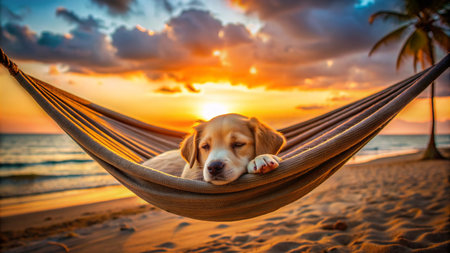 Beagle dog in hammock on the beach at beautiful sunset.の素材