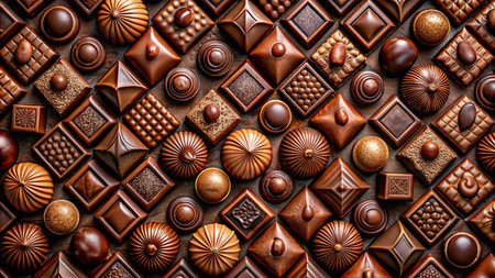 Chocolate candies background. Top view of assorted chocolates.の素材