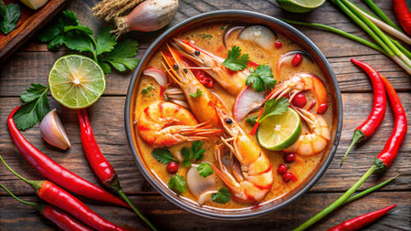 Tom Yum Goong or Tom Yum Goong is a Thai spicy soup made with shrimp, rice flour, coconut milk and spicesの素材