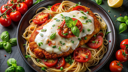 Spaghetti with meatballs, tomatoes and mozzarella. Italian cuisineの素材