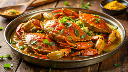 Seafood crab in curry sauce on wooden background. Seafoodの素材