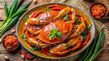 Steamed crabs with herbs and spicy sauce on wooden background, top viewの素材