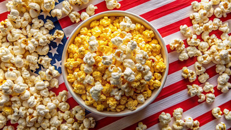 Popcorn in a bowl on the background of the American flag.の素材