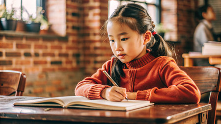 Asian little girl doing homework in a coffee shop. Education concept.の素材