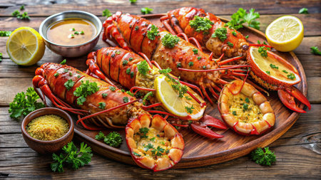 Lobster steamed with lemon and parsley on wooden backgroundの素材