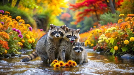 Three raccoons on a background of autumn foliage in the parkの素材