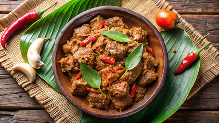 beef stewed with vegetables in a bowl on a wooden tableの素材