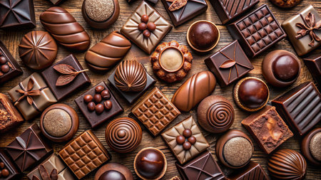 Assorted chocolate candies on a wooden background. Top view.の素材