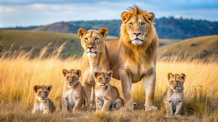 Lion family in the Masai Mara National Park in Kenya, Africaの素材