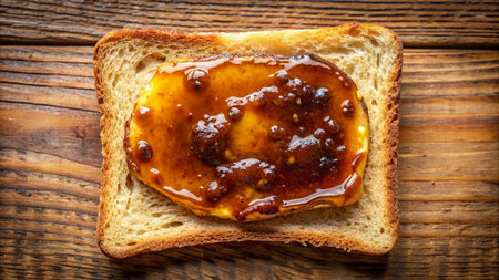 Toasted bread with butter and honey on wooden background, top viewの素材