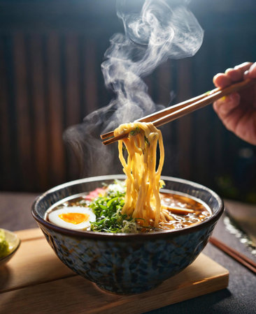 Japanese miso ramen noodle in a bowl with chopsticksの素材