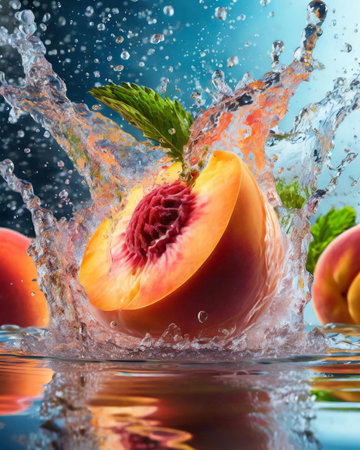 Peach fruit with water splash on blue background. Healthy food concept.の素材