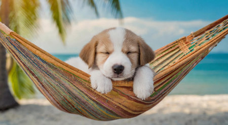 Cute beagle puppy sleeping in hammock on tropical beach.の素材