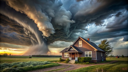 Storm in the countryside. Dramatic stormy sky over rural house.の素材