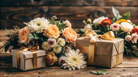 nice bouquet of different flowers with gift boxes on a wooden backgroundの素材