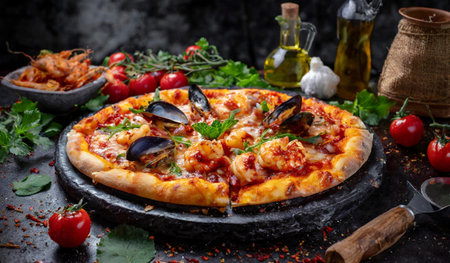 Seafood pizza with mussels, mussels and tomatoes on black backgroundの素材