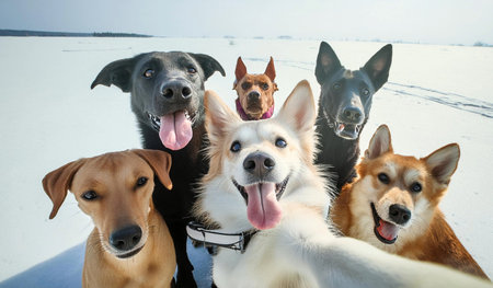 Group of dogs on the snow in winter, close-up.の素材