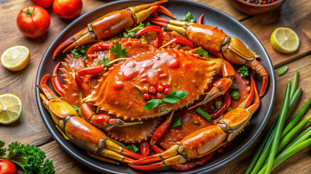 Seafood crab in spicy sauce with herbs and vegetables on plateの素材