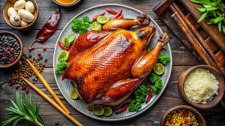 Whole roasted chicken with rice, vegetables and chopsticks on wooden backgroundの素材