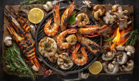 Seafood grill with shrimps, prawns and musselsの素材