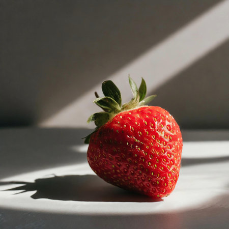 Strawberry on a white background with a shadow of the sunの素材
