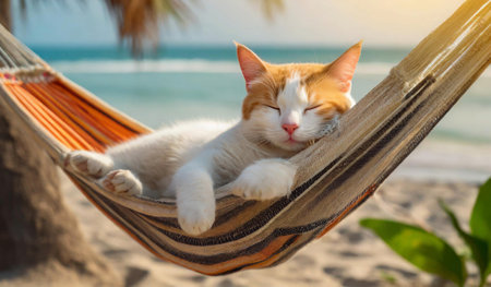 Cute cat sleeping in hammock on the beach with sea viewの素材