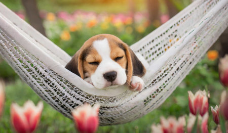 cute beagle puppy lying in hammock with tulip flowersの素材