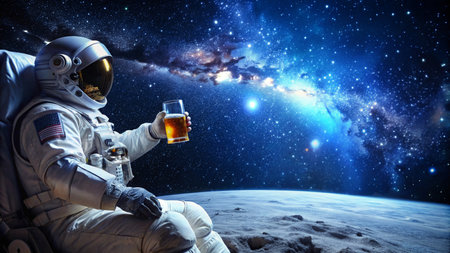 Astronaut drinking beer. Mixed media. Mixed media. Mixed mediaの素材