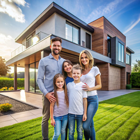 Portrait of a happy family standing in front of their new houseの素材