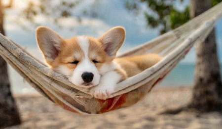 Cute welsh corgi puppy lies in hammock on the beachの素材