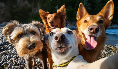 Portrait of a group of dogs on a pebble beachの素材