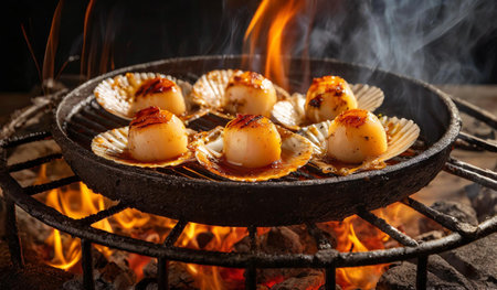 Grilled scallops on the grill with flames on the backgroundの素材