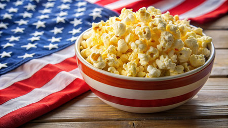 Popcorn in a bowl on a wooden background. Selective focus.の素材