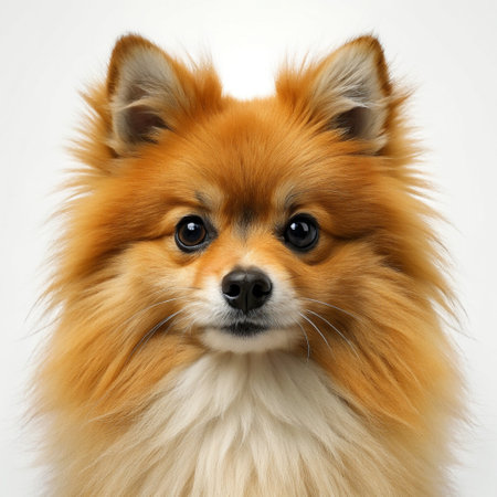 Close-up of a Pomeranian dog on a white backgroundの素材