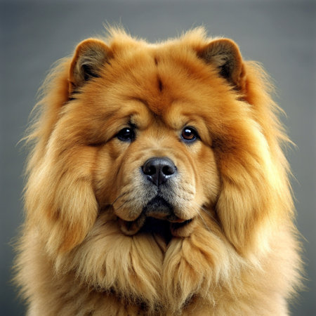 Beautiful chow-chow dog on gray background in studioの素材