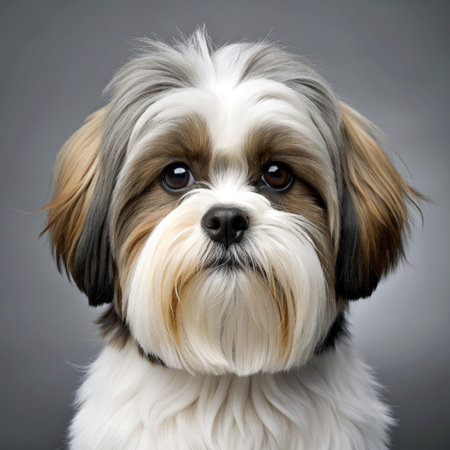 Close-up portrait of Shih Tzu dog on grey backgroundの素材