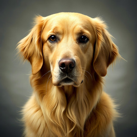 Portrait of a golden retriever dog on a gray background.の素材