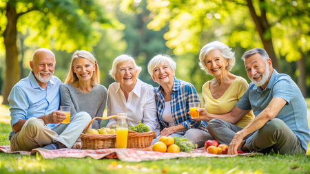 family, picnic, food and people concept - group of smiling senior friends having picnic outdoorsの素材