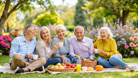 family, leisure, holidays and people concept - group of smiling senior people having picnic in parkの素材
