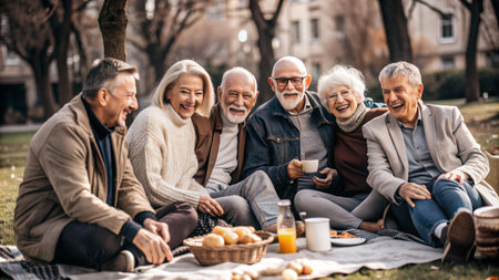 happy senior friends sitting on blanket and talking on smartphone during picnic in parkの素材