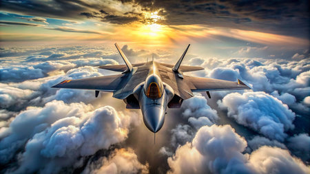 Military fighter jet flying over the clouds at sunset. 3d renderの素材
