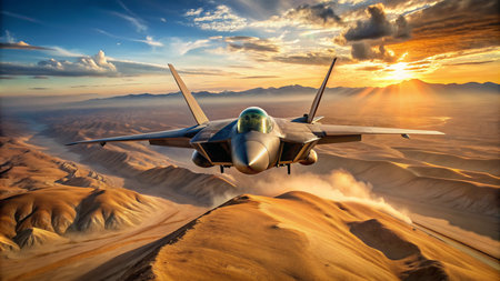 Military fighter jet flying in the desert at sunset. 3d renderingの素材