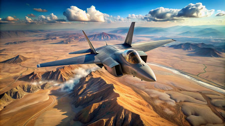 Fighter jet fighter in flight over the desert. 3d renderingの素材