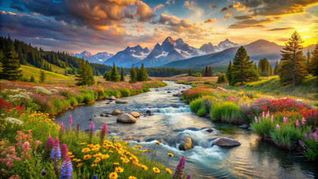 Fantastic summer landscape with mountain river. Dramatic overcast sky. Beauty world.の素材