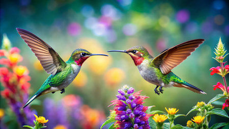 Hummingbirds in the garden,colorful background with flower.の素材